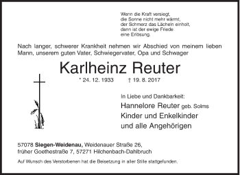 Traueranzeige von Karlheinz Reuter von Siegener Zeitung