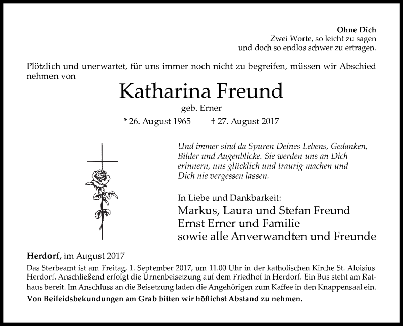  Traueranzeige für Katharina Freund vom 29.08.2017 aus Siegener Zeitung