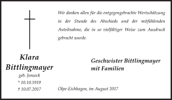 Traueranzeige von Klara Bittlingmayer von Siegener Zeitung