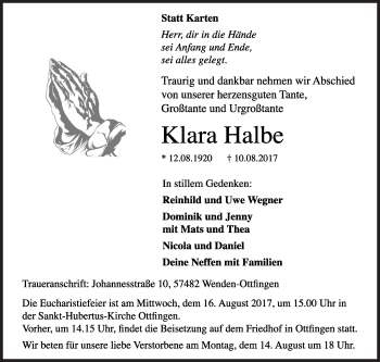 Traueranzeige von Klara Halbe von Siegener Zeitung
