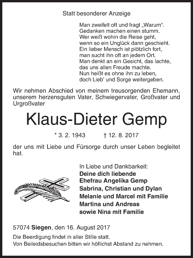  Traueranzeige für Klaus-Dieter Gemp vom 16.08.2017 aus Siegener Zeitung