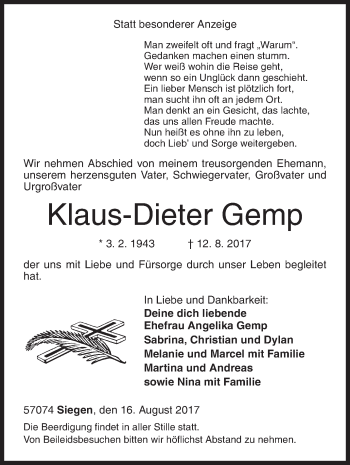 Traueranzeige von Klaus-Dieter Gemp von Siegener Zeitung