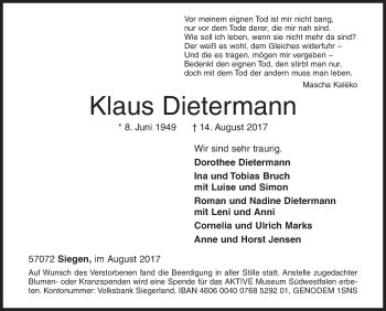 Traueranzeige von Klaus Dietermann von Siegener Zeitung