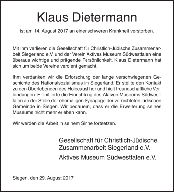 Traueranzeige von Klaus Dietermann von Siegener Zeitung