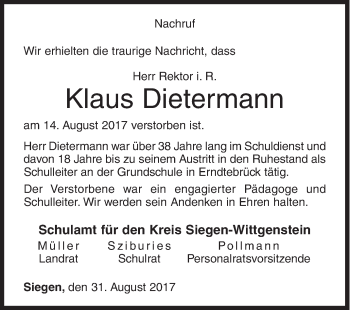 Traueranzeige von Klaus Dietermann von Siegener Zeitung