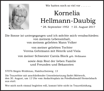 Traueranzeige von Kornelia Hellmann-Daubig von Siegener Zeitung
