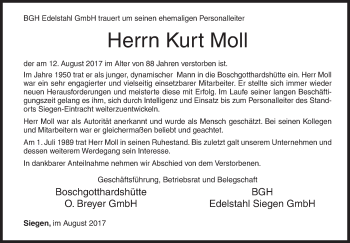Traueranzeige von Kurt Moll von Siegener Zeitung