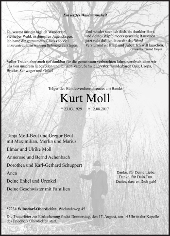 Traueranzeige von Kurt Moll von Siegener Zeitung