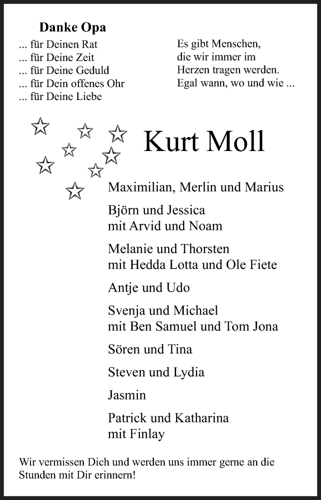  Traueranzeige für Kurt Moll vom 14.08.2017 aus Siegener Zeitung