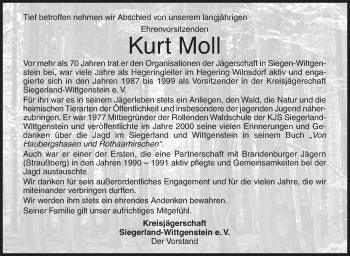 Traueranzeige von Kurt Moll von Siegener Zeitung