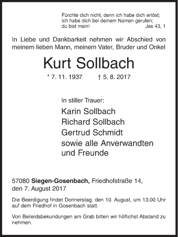 Traueranzeige von Kurt Sollbach von Siegener Zeitung