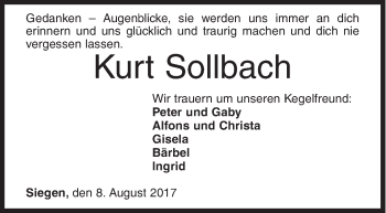 Traueranzeige von Kurt Sollbach von Siegener Zeitung