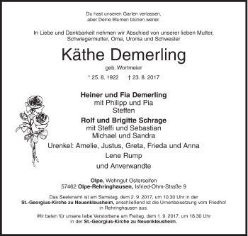 Traueranzeige von Käthe Demerling von Siegener Zeitung