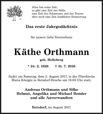 Traueranzeige von Käthe Orthmann von Siegener Zeitung