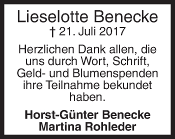 Traueranzeige von Lieselotte Benecke von Siegener Zeitung