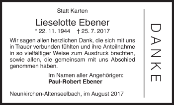 Traueranzeige von Lieselotte Ebener von Siegener Zeitung