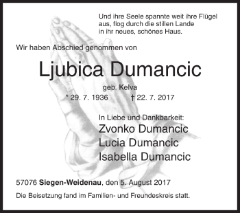 Traueranzeige von Ljubica Dumancic von Siegener Zeitung