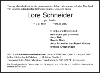 Traueranzeige von Lore Schneider von Siegener Zeitung