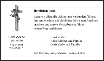 Traueranzeige von Lore Zerbe von Siegener Zeitung