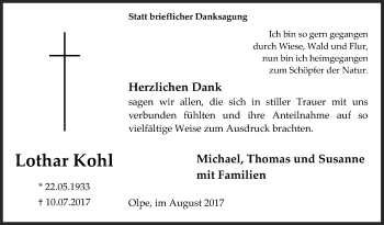 Traueranzeige von Lothar Kohl von Siegener Zeitung