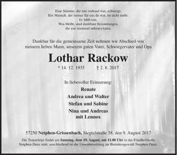Traueranzeige von Lothar Rackow von Siegener Zeitung