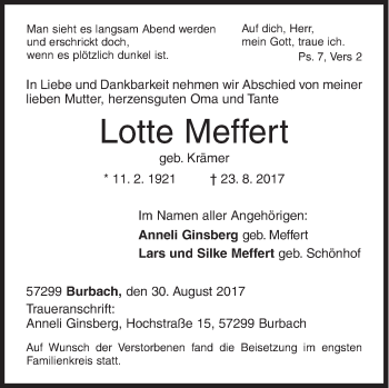 Traueranzeige von Lotte Meffert von Siegener Zeitung