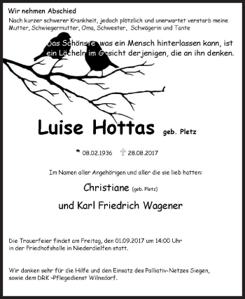 Traueranzeige von Luise Hottas von Siegener Zeitung