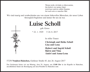Traueranzeige von Luise Scholl von Siegener Zeitung