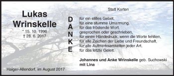 Traueranzeige von Lukas Wrinskelle von Siegener Zeitung