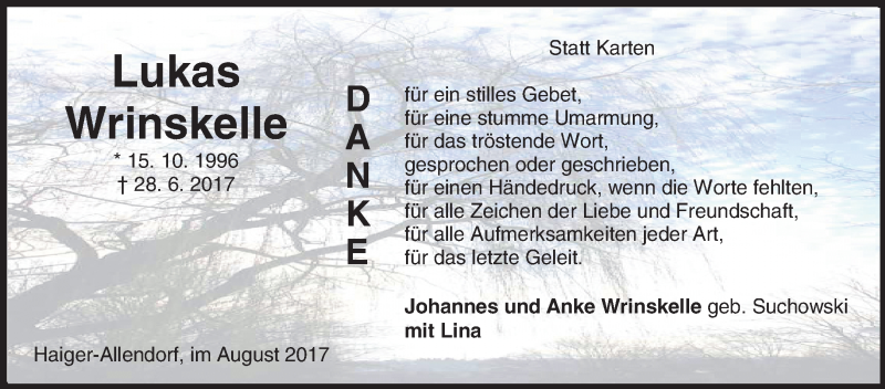  Traueranzeige für Lukas Wrinskelle vom 19.08.2017 aus Siegener Zeitung
