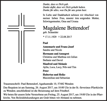 Traueranzeige von Magdalena Bettendorf von Siegener Zeitung
