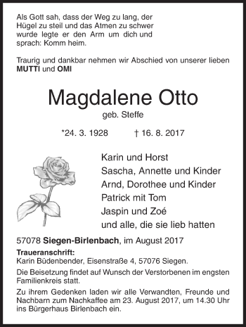 Traueranzeige von Magdalene Otto von Siegener Zeitung