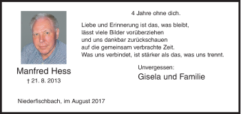 Traueranzeige von Manfred Hess von Siegener Zeitung