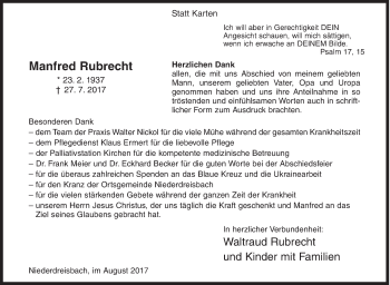 Traueranzeige von Manfred Rubrecht von Siegener Zeitung