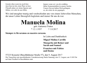 Traueranzeige von Manuela Molina von Siegener Zeitung