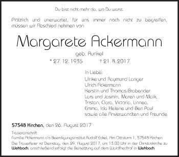 Traueranzeige von Margarete Ackermann von Siegener Zeitung