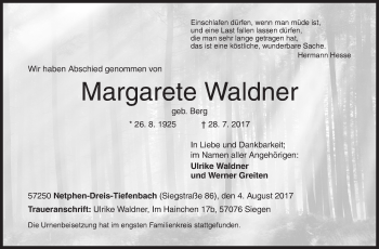 Traueranzeige von Margarete Waldner von Siegener Zeitung