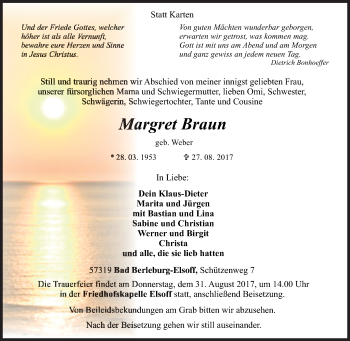Traueranzeige von Margret Braun von Siegener Zeitung