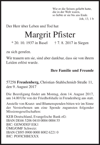Traueranzeige von Margrit Pfister von Siegener Zeitung