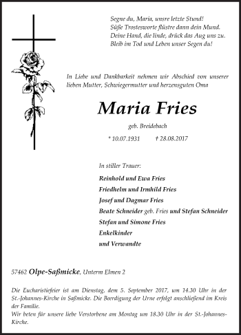 Traueranzeige von Maria Fries von Siegener Zeitung