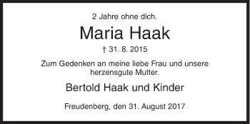 Traueranzeige von Maria Haak von Siegener Zeitung