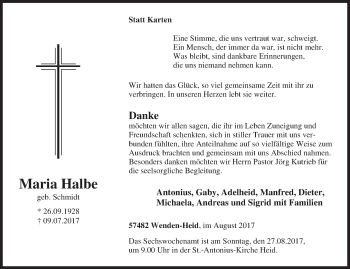 Traueranzeige von Maria Halbe von Siegener Zeitung