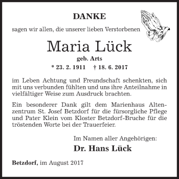 Traueranzeige von Maria Lück von Siegener Zeitung