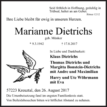 Traueranzeige von Marianne Dietrichs von Siegener Zeitung