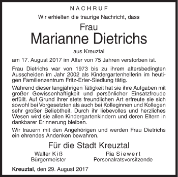 Traueranzeige von Marianne Dietrichs von Siegener Zeitung