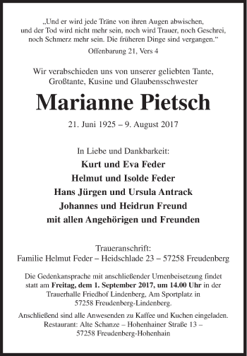 Traueranzeige von Marianne Pietsch von Siegener Zeitung