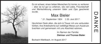 Traueranzeige von Max Bieler von Siegener Zeitung