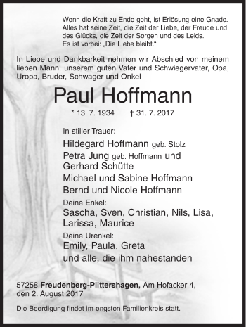 Traueranzeige von Paul Hoffmann von Siegener Zeitung