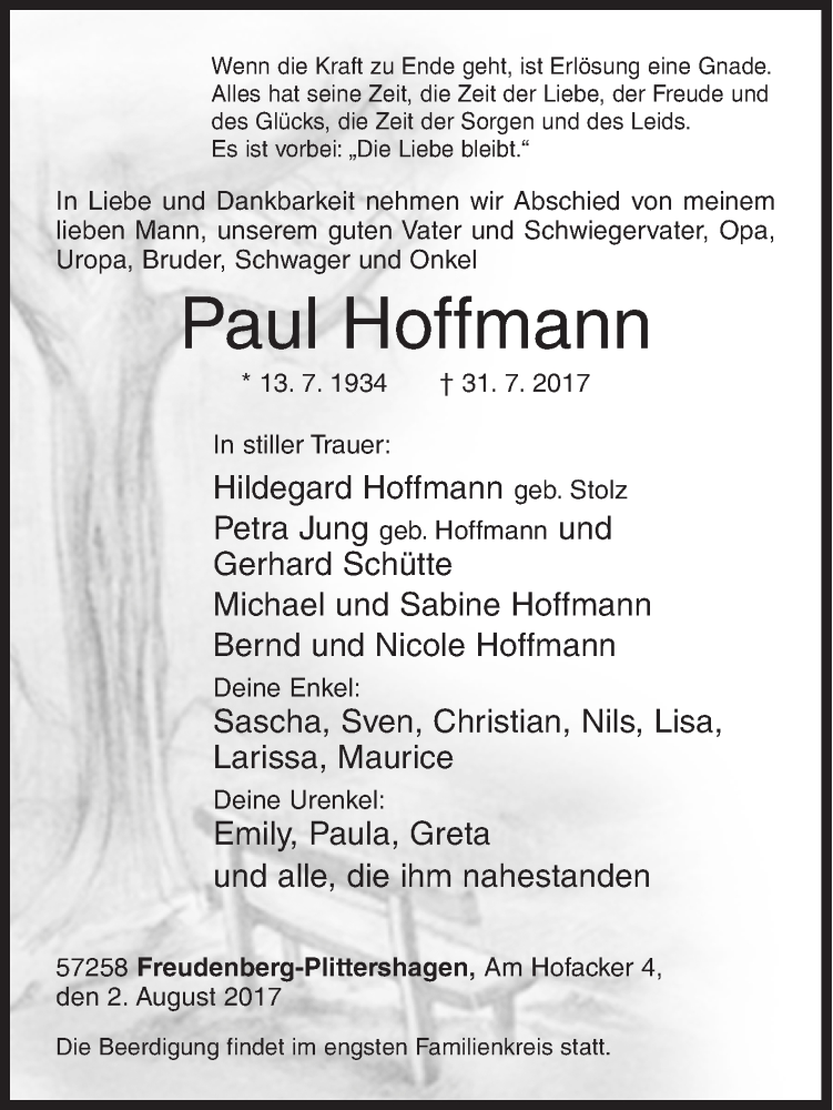  Traueranzeige für Paul Hoffmann vom 02.08.2017 aus Siegener Zeitung