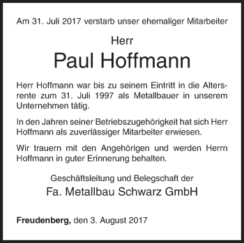 Traueranzeige von Paul Hoffmann von Siegener Zeitung